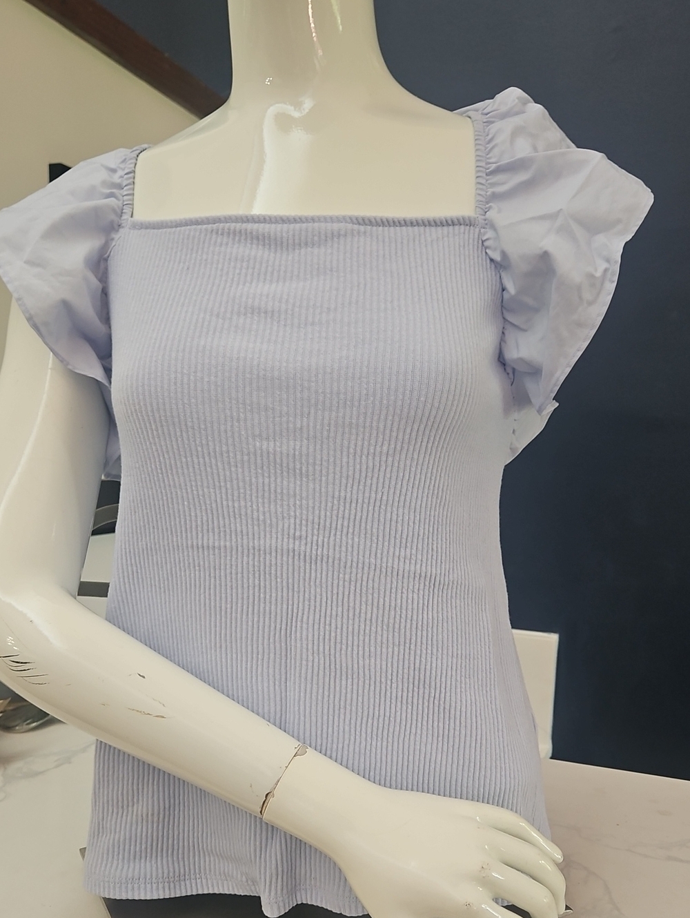 Square Neck Lilac Ribbed Puff Sleeve Tank Top - Women Size XL